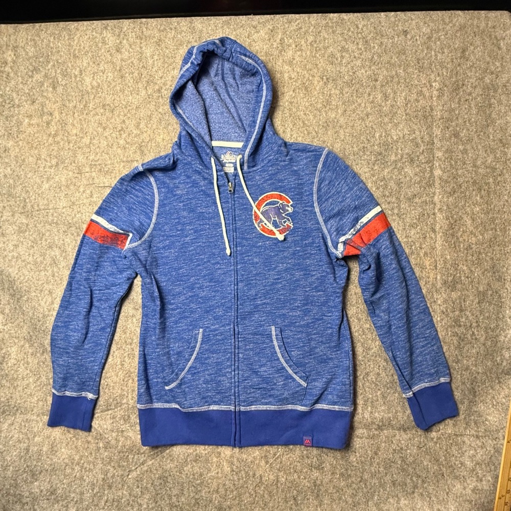 Majestic Chicago Cubs Full Zip Hoodie Women's M Blue Heathered Logo Excellent